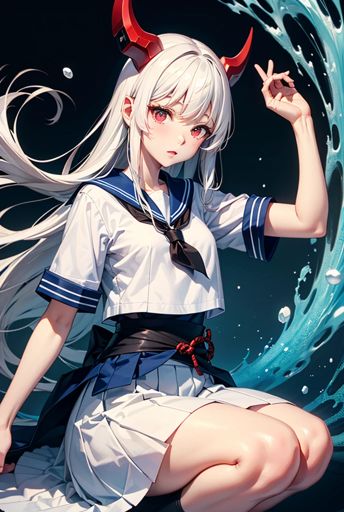 brilliance、Whole body、(one girls:1.5)、white  hair、(White uniform:1.4)、(Skirt High School Student:1.3)、(Navy blue skirt 1.4)、(shortsleeves:1.2)、(a navel:1.3)、(blue eyess:1.6)、(length hair:1.2)、Taoist、Dynamic Illustration、​masterpiece、blue flames、attacking with magic、uses magic、(The skirt is dark blue:1.6)