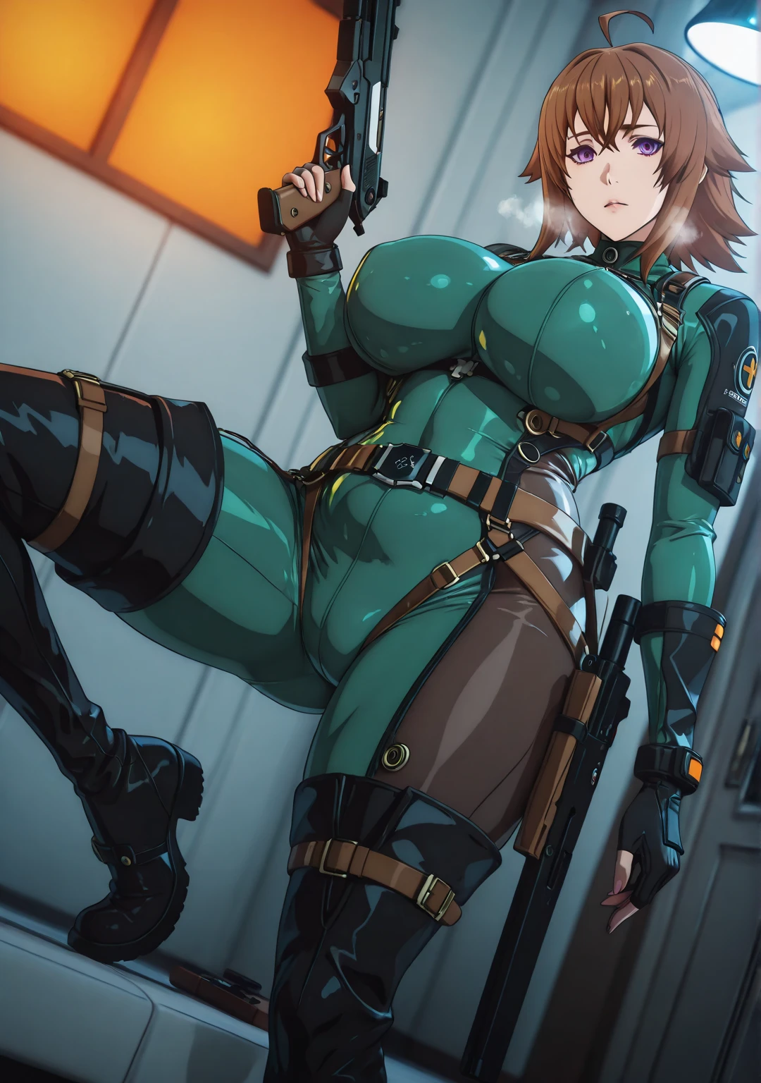 Slime girl, (slime), Slime hair Double buns hair style, Pumpkin Orange, weapon belt, Masterpiece, Best Quality, gigantic breasts, slime girl, slime girl, purple hair, lavender hair, yellow clothes, weapon belt around waistline, rifle, long rifle, AR-15 Rifle, assault rifle, exposed yellow bra, yellow clothing, wearing yellow clothing, fully body view, tight yellow dress, Rifle in hand, mature woman, gorgeous, perverted, sexy, yellow dress, exposed chest, exposed bra, exposed breast, black boots/heels, gold bracelets around wrist, holding rifle, aiming with rifle, tactical stance, tactical gear, sweaty body, long legs, tall woman, lustful yellow eyes, yellow lingerie, bent over position, bending over, 