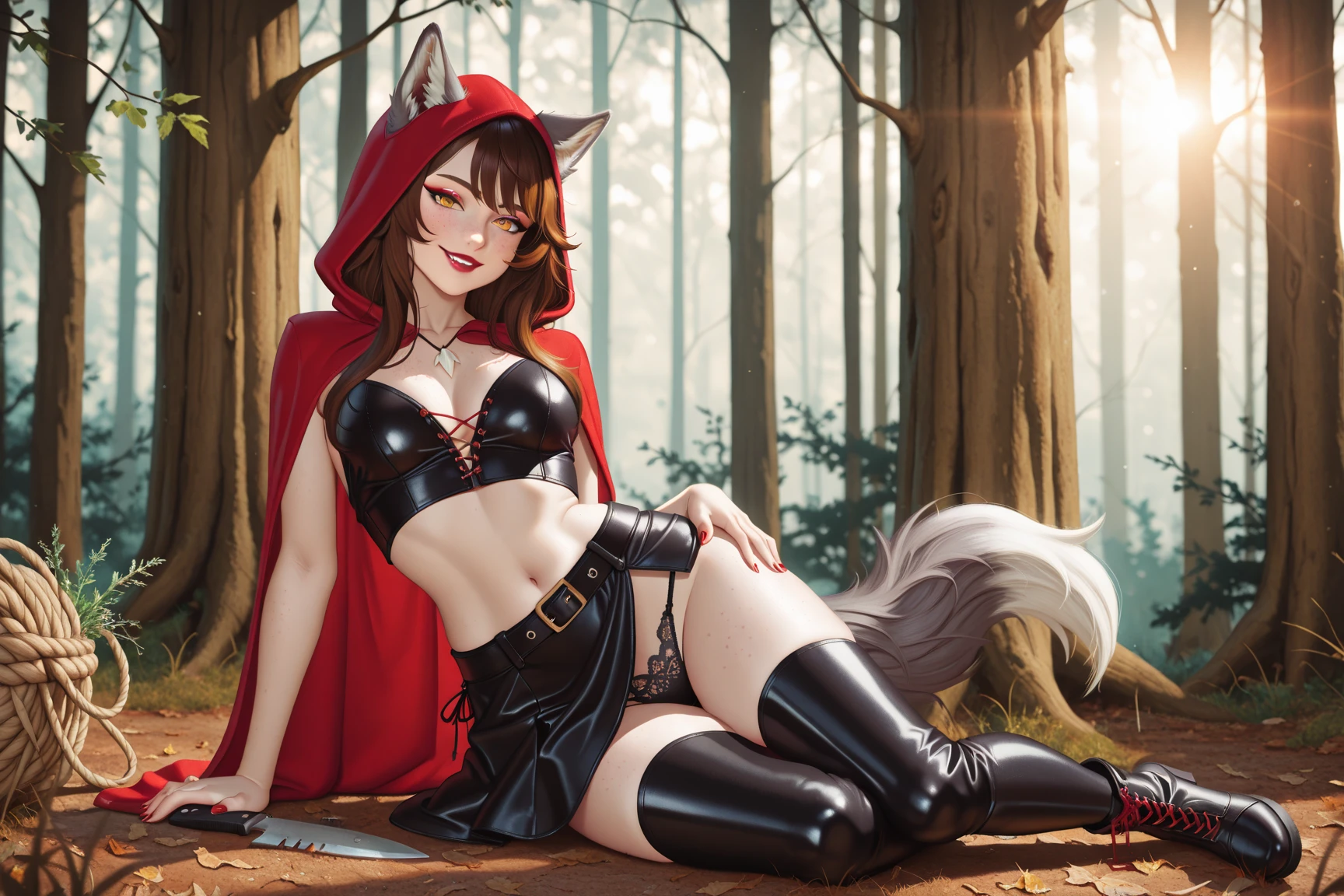 Brown skin girl dressed in little red hood pretending to be evil wolf, ankly waist, thick thighs, oozing tears, detailed skin with freckles, oil on skin, highly detailed backgrounds shadowy forest with small illuminating sunlights passing among the foliage of the trees, wolf barely chasing in the background of realistic photo, ultra realism, Hyper realism, UHD, Full HD, Image superior to 8K, super realistic. --auto --s2