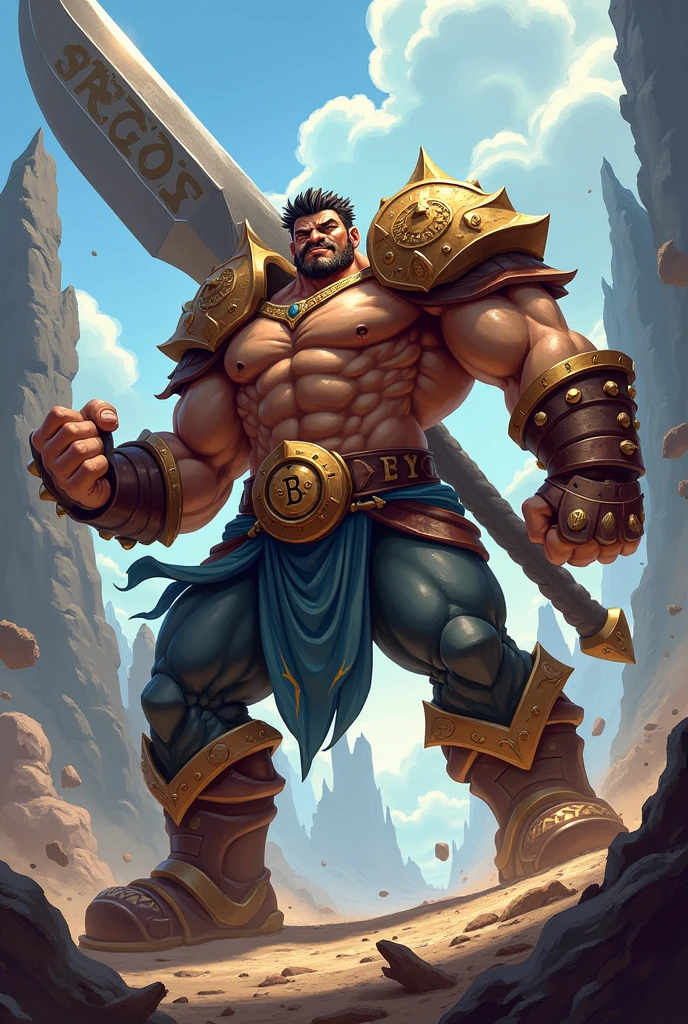 Braum from League Of Legends holding his door, wearing armored golden plates pant, muscular, hunk, big body, bara, bald, big black moustache, no bread, happy face, runic tattoos on his left chest and left arm, high resolution