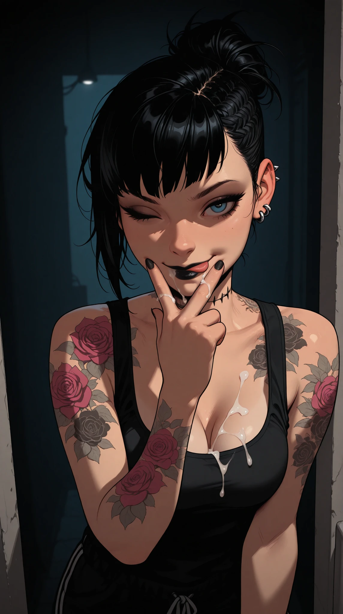 HDR, 8K, high contrast, masterpiece, best quality, amazing quality, very aesthetic, realistic, newest, volumetric lighting, (flat colors:0.7), (artist:incase:0.3), (artist:tsuaii:0.3),Sinozick_illu, 1girl, blue eyes, black lipstick, eye shadow, black hair, pixie back fade haircut, pierced ears, tattooed neck, cum on mouth , medium breasts, ragged black tank top, cleavage, cum on chest, cowboy shot, ;q, tongue out, v over mouth,