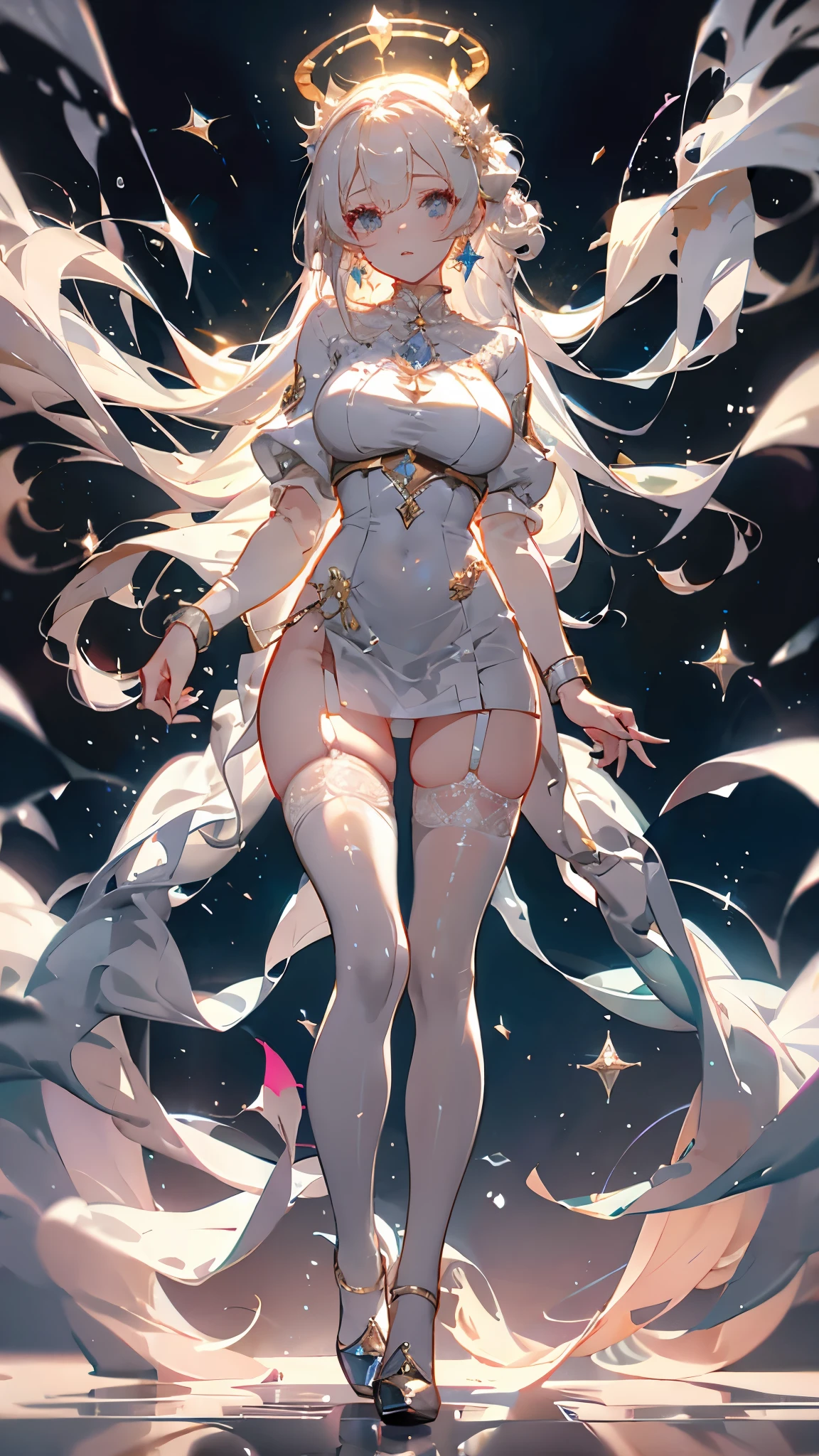 full-body close-up, create an elegant atmosphere), white short skirt, white hair shawl, graceful flowing, elegant movements, lustful smirking smile expression (red blush), floating in the air, (1girl), slim figure)