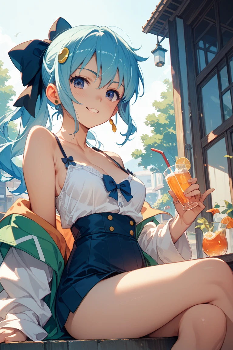 cute,girl,(ocean blue hair:1.2),(wave hair:1.1),(purple eyes:1.1),🍻,Cheers with beer🍺,(living room:1.3),open your mouth,smile,(コルセット:1.1),