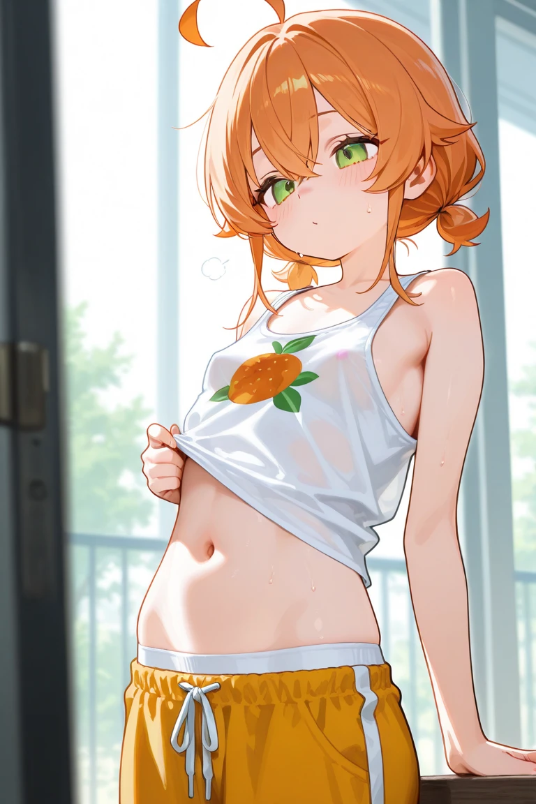 score_9,score_8_up, score_7_up,source_anime.superior,from below,face below view,straight-on. (Insect's Eye).,mediumshot, masterpiece,bestquality, Highest quality, (mature) ,(One girl), Outdoor, Green Eyes, Orange Hair, Side Ponytail, Yellow Shirt, Sleeveless shirt,belly button, Denim shorts, suspenders, Captivating look, Seductive expressions, slender, delicate curves, ,(under_boob),(superfineillustration,finely detail),(absurdres),(shirtlift),shirt pul,(mid),