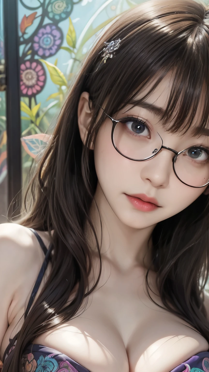 Mustepiece, top quality, illustration, ultra-definition, detailed, high resolution, 8K wallpaper, perfect dynamic composition, beautiful eyes in every detail, wearing a dress, natural colored lips, beach, random cute pose, kissing face, eyes closed, Wearing glasses, perfect and beautiful face, cute, sexy face, sunset, ecstasy face, feminine face, excited expression from sex