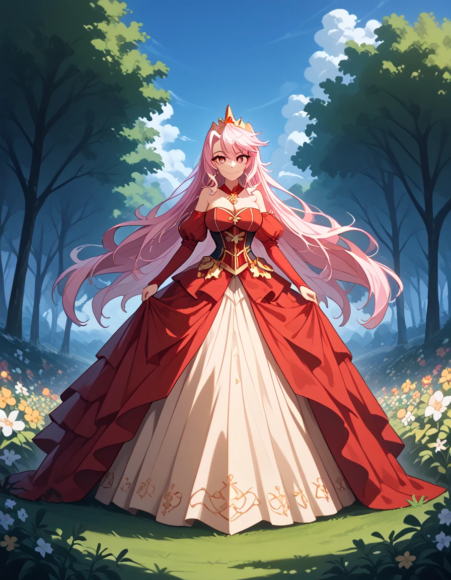 Lexia Bonarseria, Lexia Von Alceria, Long hair, Blonde hair, (Green eyes:1.5), Ponytail, Pink hair,
Break Dresses, Bare shoulders, Detached sleeves, White Dress,
BREAK looking at viewer, Full body,
BREAK outdoors, forest, Nature,
BREAK (masutepiece:1.2), Best Quality, High resolution, Unity 8k壁纸, (Illustration:0.8), (Beautiful detailed eyes:1.6), extra detailed face, Perfect Lighting, extremely details CG, (Perfect hands, Perfect Anatomy),