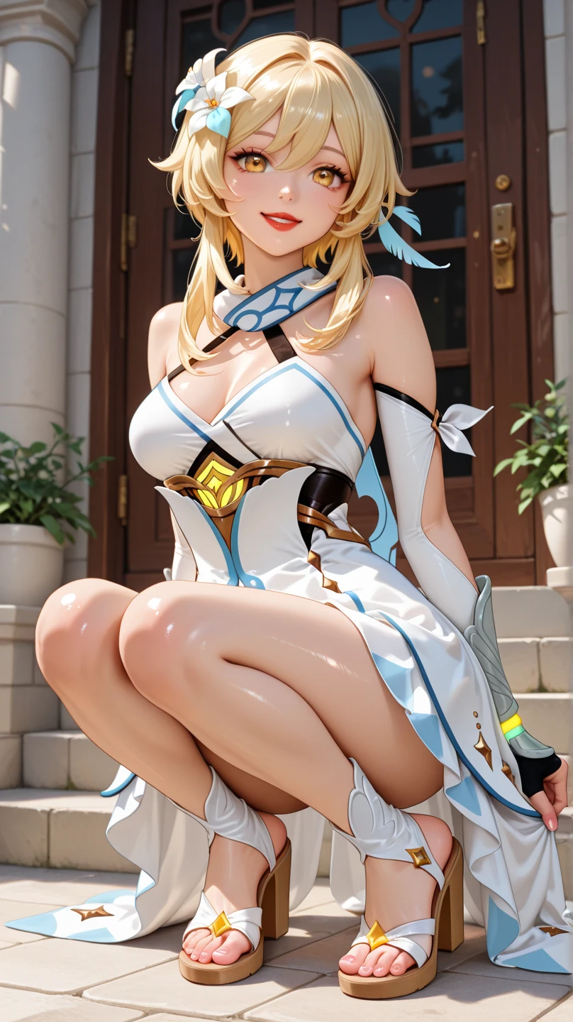 (masterpiece, best quality:1.3), Sophitia Alexandra, Soul Calibur, (upper body:1.5), anime, intricate detail, japanese style, 28 years old, look at viewer, gold hair, braid hair, (evil look:1.5), (squatting, spread legs:1.5), (ruins blessed by the god Hephaestus, filled with a mystical air, beautiful stars spread out in a mysterious arrangement in the dark midnight:1.2),