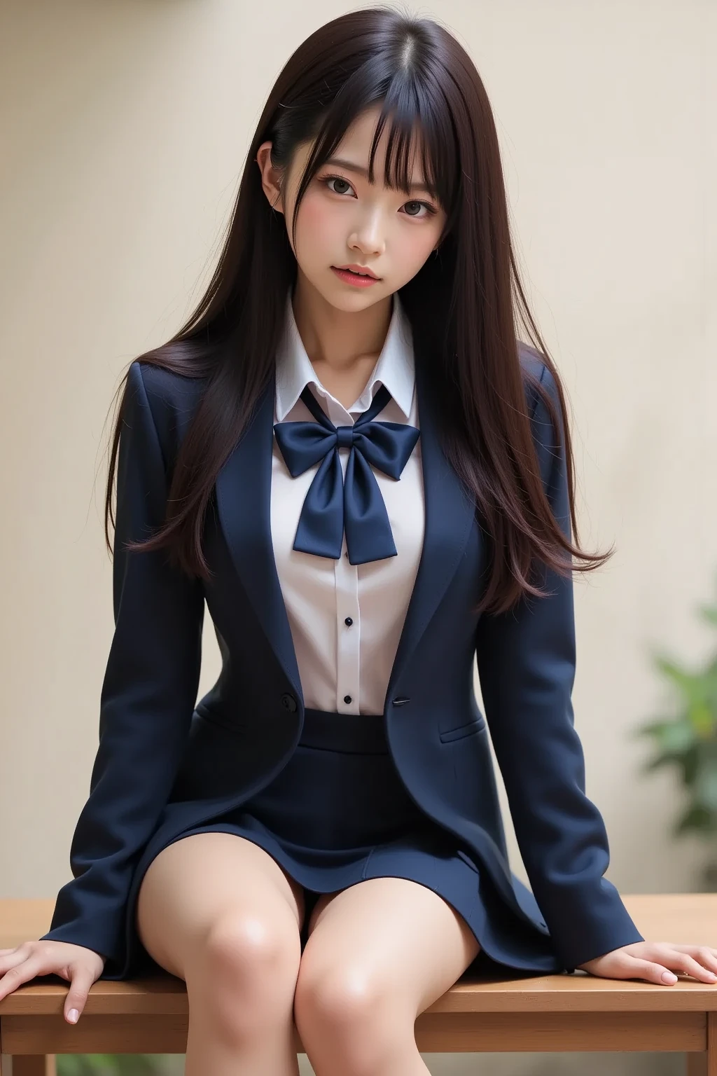 (8k), (highest quality: 1.2), (Realistic), (Realistic: 1.37), Ultra-high resolution, (1 girl), cute, Serious face, Mouth closed, Beautiful details, Beautiful Nose, Wet Hair, Giant Dulcefo, pork,University uniform,A simple blazer,Pleated skirt,(The pattern of the skirt and tie is a tartan check pattern....:1.3),(Sitting:1), Sit on the ground,(Hug your feet:1), (pink pantyhose:1.2),from the front