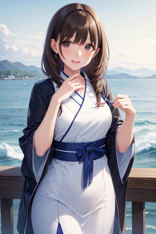 highest quality、Realistic、female、大人のfemale性、zoom、Chestnut Hair、Brown Eyes、ponytail、Glasses、White yukata、From below、smile、Ocean、Looking down、、Small breasts、Bust Shot、