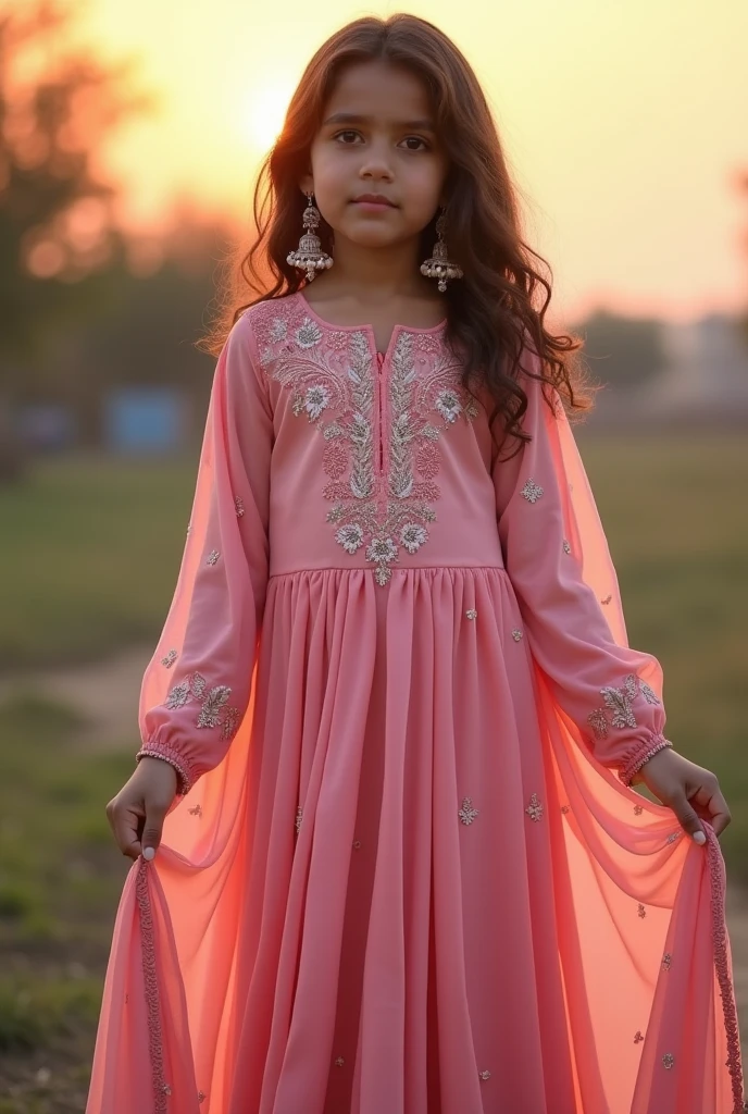 A hyderabadi girl very fair skin wearing hot pink garara with grey hijab her front hair is showing, she is wearing pink heels. There is flowers in the background. Her eyebrows are arched and she had apple cheeks.