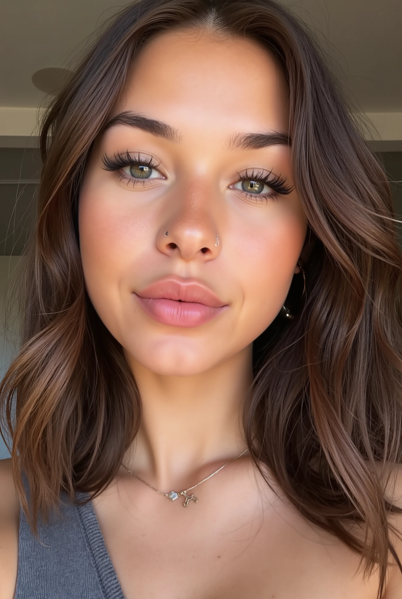 Boring Snapchat selfie, close-up portrait of a stunning 23-year-old woman, delicate soft features, lightly tanned fair skin with realistic skin texture, visible pores, subtle facial peach fuzz, soft light catching tiny facial hairs, slight natural skin shine, mild skin tone variation, medium-length wavy dark brown hair reaching her shoulders with soft bangs and face-framing layers, large light grey eyes with long dark lashes, full soft pink lips, slim slightly upturned nose, minimal natural makeup, casual gentle expression, ultra-realistic DSLR-level quality, natural ambient indoor lighting, smartphone photo style, cinematic shallow depth of field, no anime, no 3d, no painting, no plastic skin, no heavy makeup, no blur, no distortion, no exaggerated features