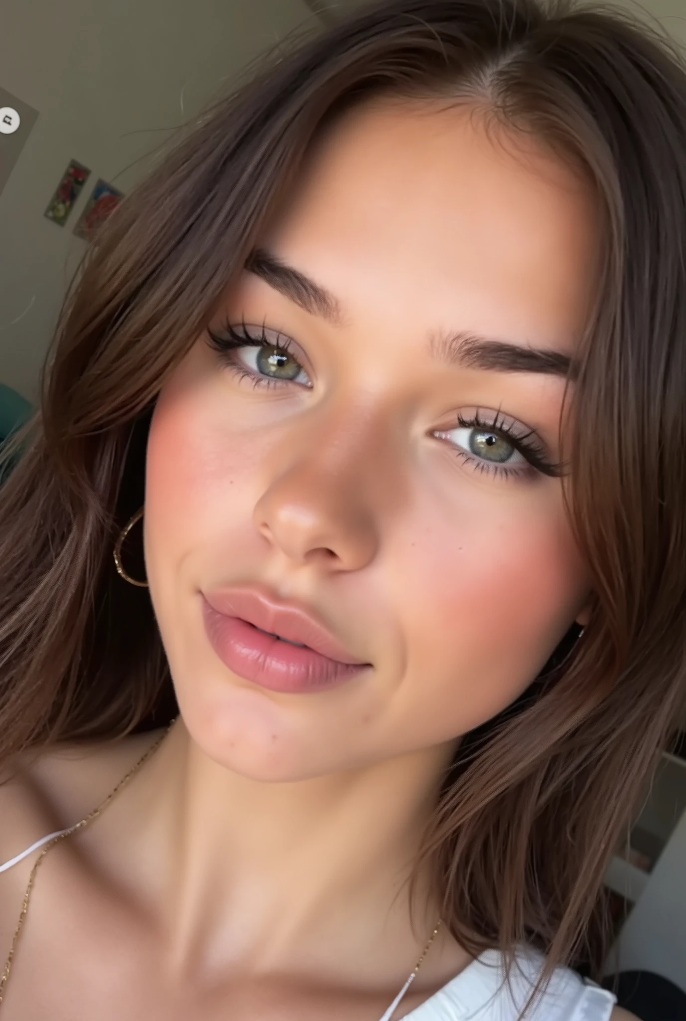Boring Snapchat selfie, close-up portrait of a stunning 23-year-old woman, delicate soft features, lightly tanned fair skin with realistic skin texture, visible pores, subtle facial peach fuzz, soft light catching tiny facial hairs, slight natural skin shine, mild skin tone variation, medium-length wavy dark brown hair reaching her shoulders with soft bangs and face-framing layers, large light grey eyes with long dark lashes, full soft pink lips, slim slightly upturned nose, minimal natural makeup, casual gentle expression, ultra-realistic DSLR-level quality, natural ambient indoor lighting, smartphone photo style, cinematic shallow depth of field, no anime, no 3d, no painting, no plastic skin, no heavy makeup, no blur, no distortion, no exaggerated features