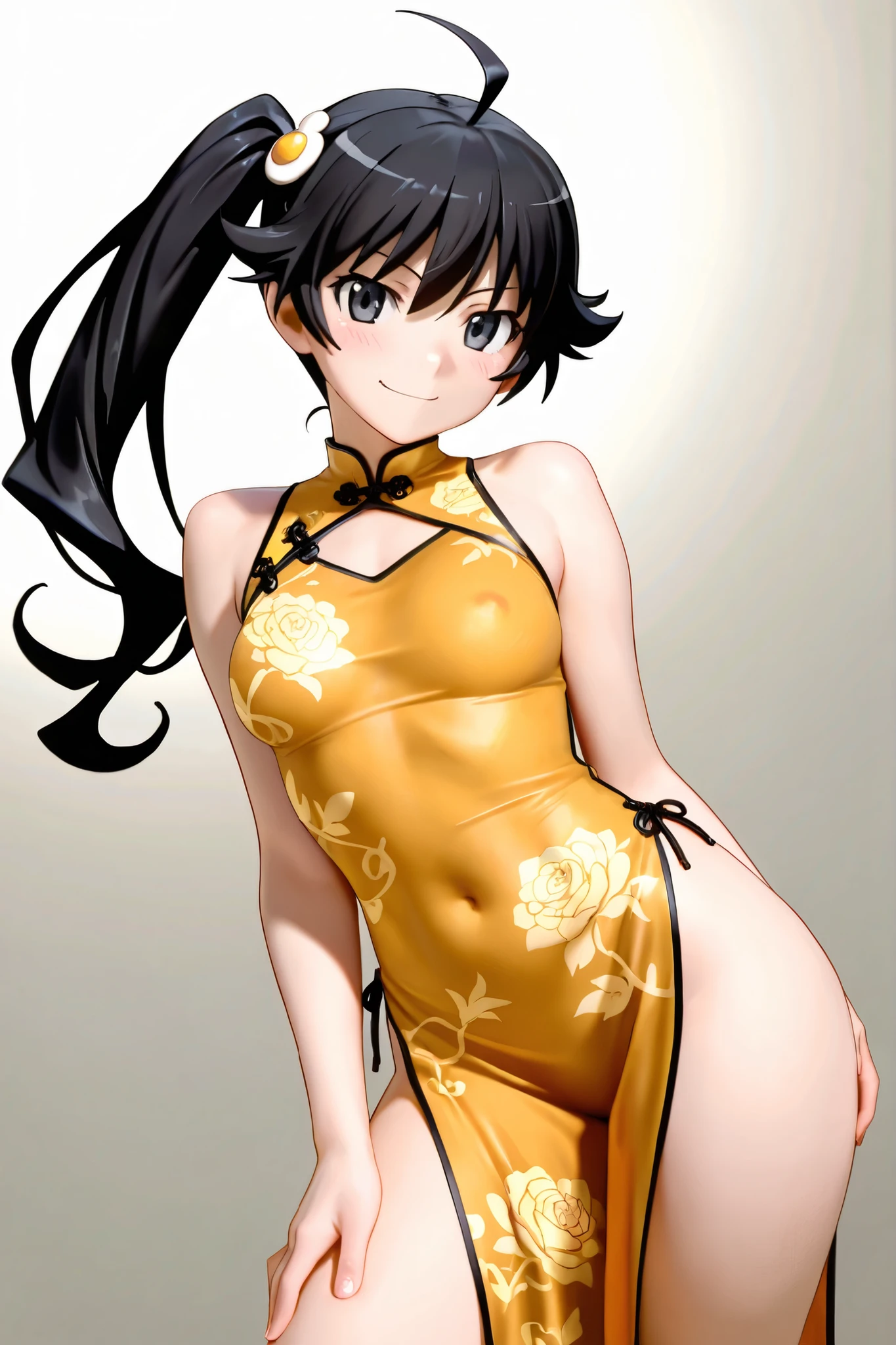 1 Girl、8K、Sharp focus、(Bokeh) (Highest quality) (Detailed skin:1.3) (Intricate details) (anime)、Black Hair, Side Ponytail、18-year-old、(Please put your hands on your hips)、chest、Slim figure、bikini、A pareo skirt with bold ethnic patterns and plenty of primary colors、Realistic Skin、Shiny skin, Sunburned skin、Cowboy Shot、Side body、smile、smile、Park in the background、Soft lighting