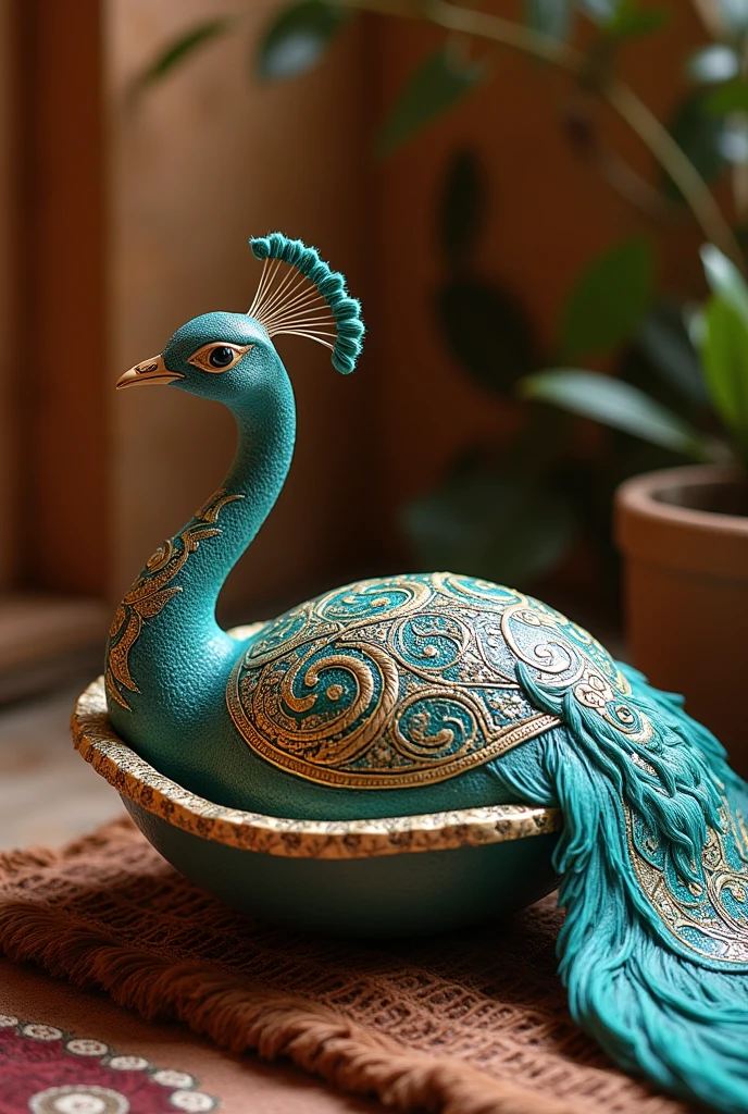 Un flacon de parfum luxueux conçu comme un cygne, avec un col turquoise scintillant et un corps brillant et pastel. Le cygne est orné de pierres précieuses colorées, notamment roses, vertes et bleues, et est agrémenté d'accents dorés. Une chaîne ornée de bijoux est gracieusement suspendue au flacon, complétant le design élégant. Le nom RAOUL est affiché en évidence en lettres orange audacieuses sur la base du flacon. L'image présente un fond doux et dégradé qui met en valeur l'opulence du flacon.