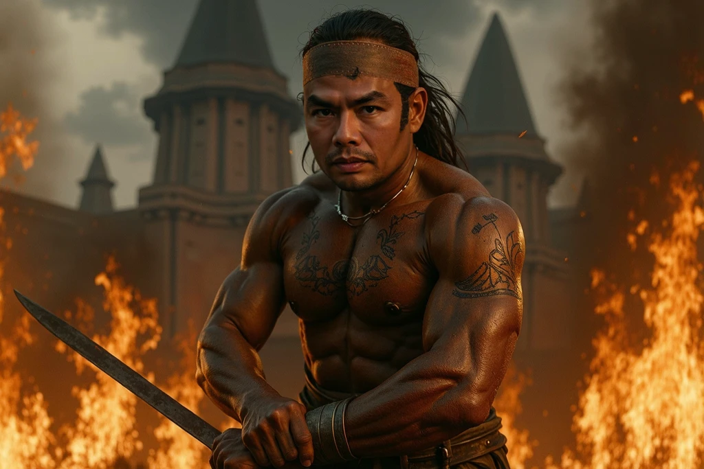 Portrait of a malay warrior, hang jebat, very handsome and strong, strong and muscular, tanned and strong, dark long hair, brave warrior, similar to actor sharnaaz ahmad, standing in front of a burning village, cliffs, close up, attack pose and attitude.