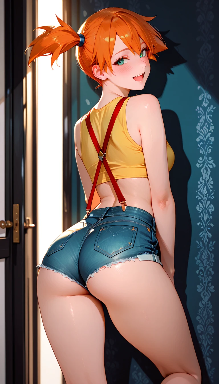 A woman in short denim shorts, her back is showing her ass.