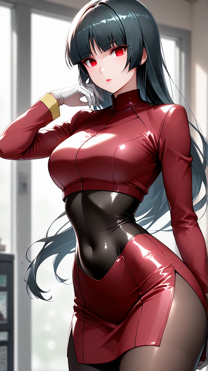 Cute girl, black hair, bright and tight red dress, big breasts, sexy body