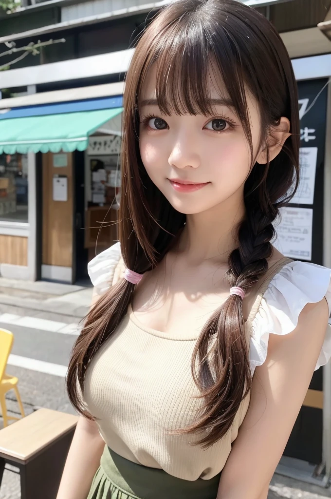 (highest quality、8k、32k、masterpiece、Hmph:1.2)、20-year-old、Cute Japanese Women Photos、thin、slender、1 girl、(Twin tails)、(Small Tits)、double eyelid、 Pink bandeau dress:1.1,Thighs、Light blue wall、whole body、smile、sexy