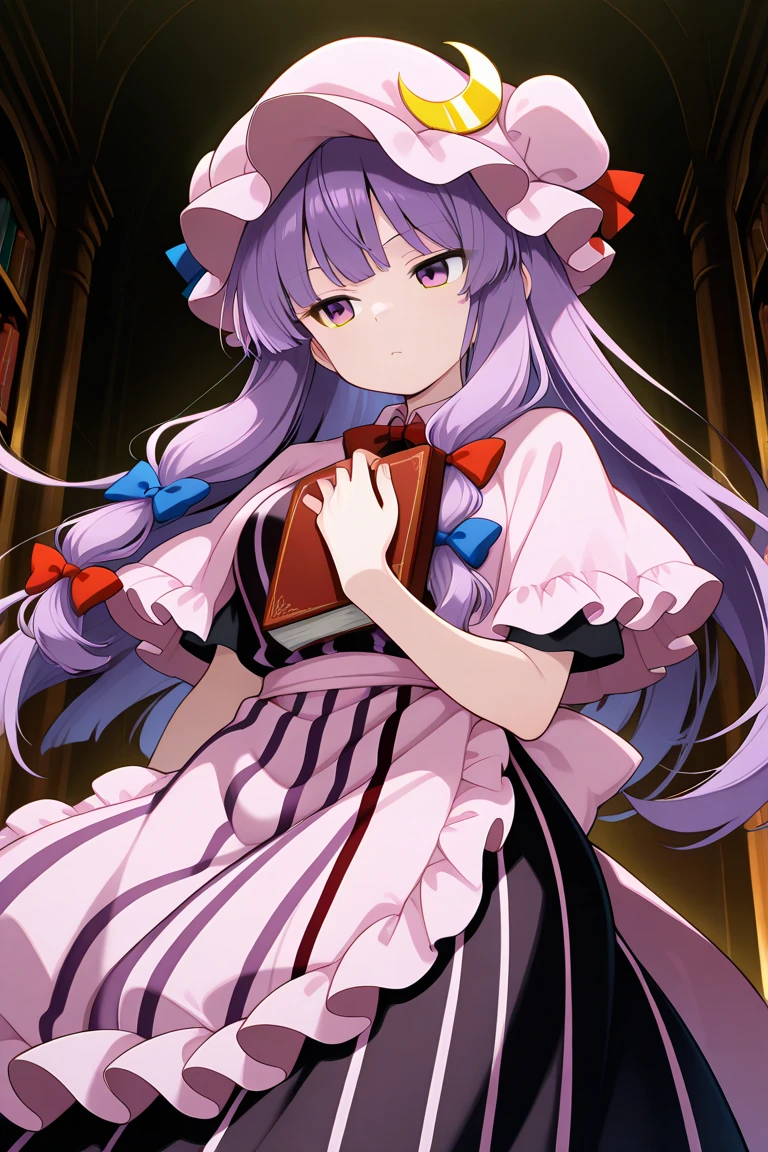 patchouli knowledge, 1girl, solo, purple eyes, purple hair, long hair, sidelocks, mob cap, pink hat, crescent pin, hair bow, blue bow, red bow, pink dress, purple capelet, vertical-striped dress, holding book, kirisame marisa
blonde hair, yellow eyes, single braid, witch hat, white ribbon, black skirt, black shirt, short sleeves, waist apron, white sleeves,