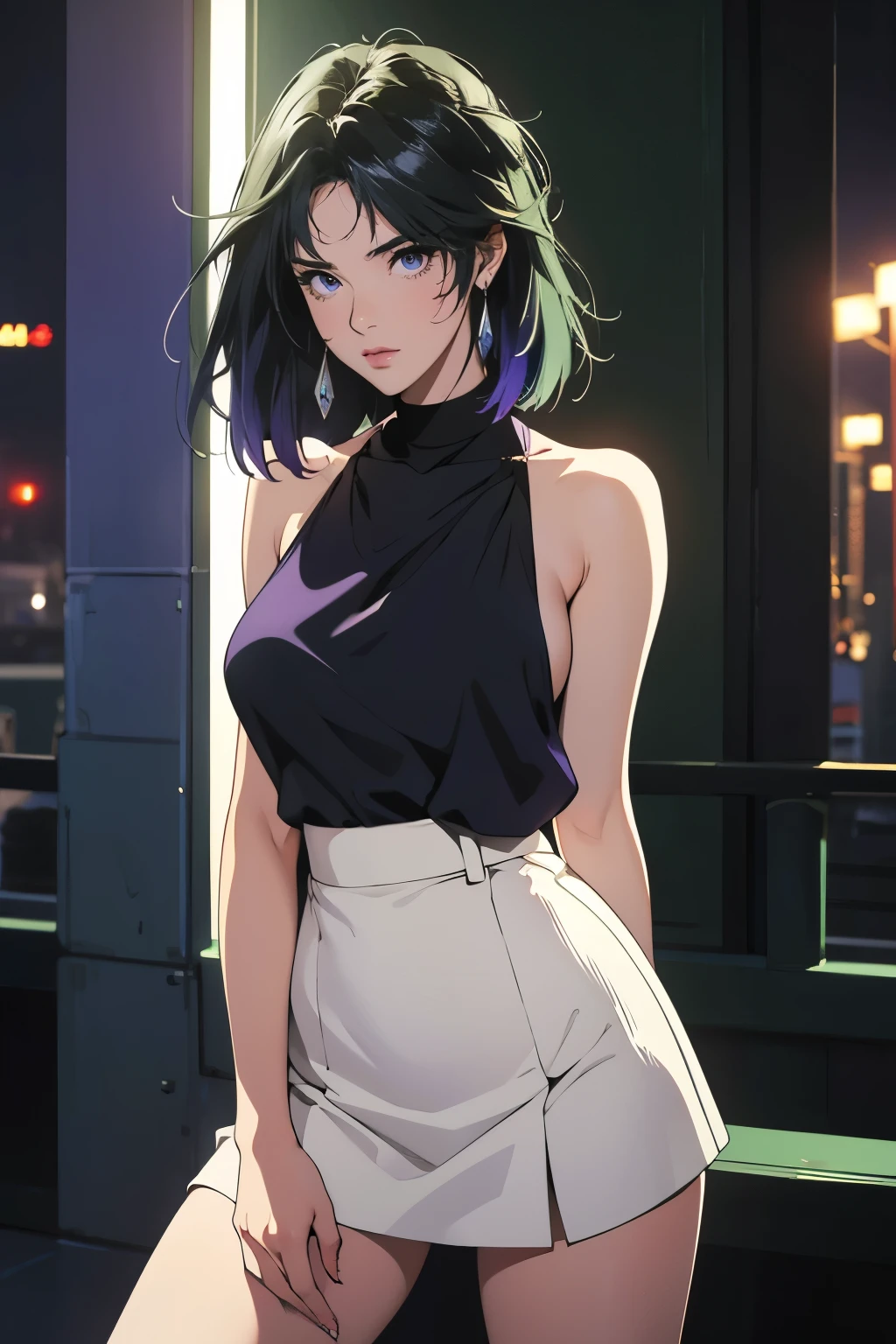 ((1girl)), mature woman, tamaki, green eyes, small eyes, green hair, (boyish short hair:1.3), Fashion magazine cover, high fashion brands, big breasts, Black clothing, wearing sunglasses