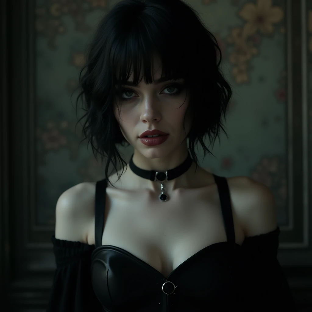 Portrait, bust, Goth, Billie Eilish, ultra sexy, modern, Chaud, big full tits, harness, tattoo, in a church at night