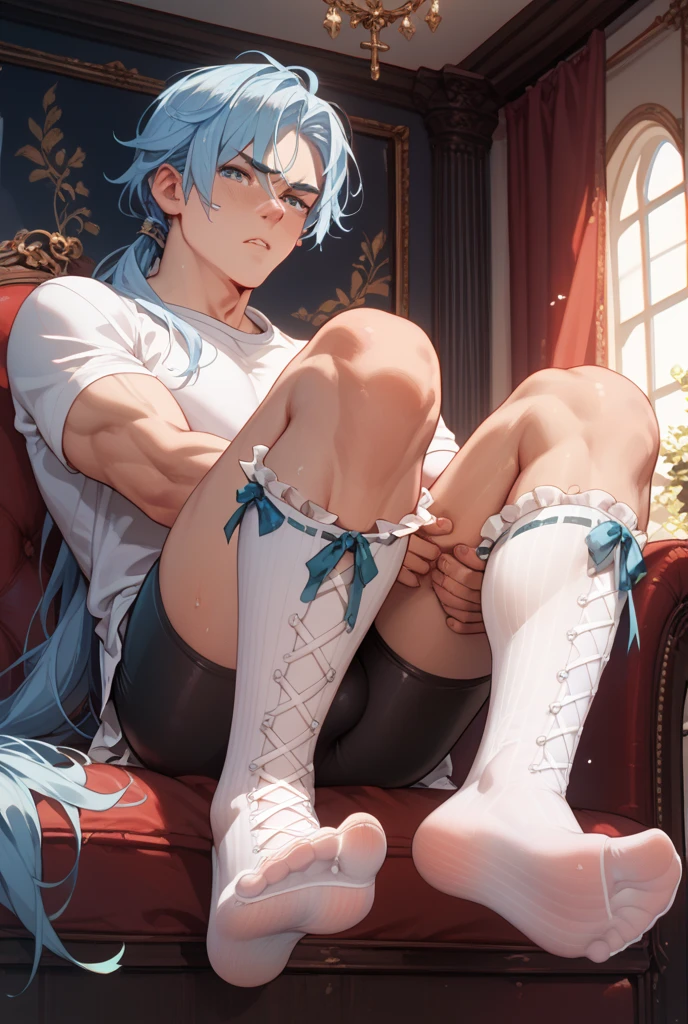 1 boy ,Libido boy,20yr old,Handsome,Raised sexy,k hd, tmasterpiece,8K,White thong,Nudity all over,white short socks,massive bulge,Only thongs were worn,A sexy pose,Trembling,full-body view