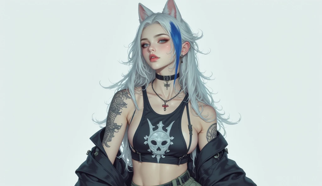masterpiece, best quality, highly detailed,1girl, covering mouth, shy smile, super huge enormously gigantic tits breasts, cleavage showing, adult, split-color hair, black and pink hair, eye shadow, black lipstick, obscure background, tons of tattoos and piercings, hair over eye, tank top and torn skinny jeans, swirling psychedelic cosmic dreamlike graffiti pattern background 