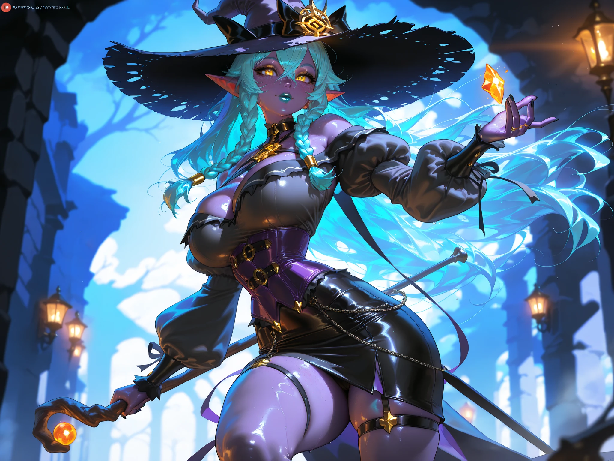 goblin girl, blue hair, very long hair, dark_ skin, dark skin goblin, wide body, very dark skin girl, huge breasts, hair between eyes, twintails, chubby, chubby girl, chubby girl goblin, wide hips, blue eyes, mole, mole on chest, age up, lips, big lips, thick eyebrows, body with fur, tusk, short girl, short goblin girl twintails, short girl, highly detailed, high quality, best quality, 8k, full body, fat, fat girl, fat goblin, smile, witch cosplay, dark forest, magic, magic girl, witch costume, witch clothes, Witch hat, magic powers, nigth forest, magic wand, fully clothed