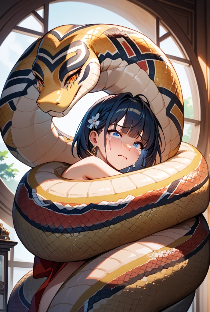 Beautiful cute girl, cute dress, extreme detail, high ray tracing, 8k, 4k, highest resolution, photography, high detailed lighting, perfect face, bedroom, masterpiece, best quality, highres, beautiful detailed eyes, cleavage, snake, (coiled), (python), snake scales detailed, closed eyes, screaming, restrained, masterpiece}}}, {{highly extreme detailed}}, solo, Focus on the girl, {orgasm}, {sweaty}, {{python sex}}, (((object insertion))), jangle, spread arms, interspecies, bestiality, (Giant python bestiality, Giant python sex, ((Giant python Rape)), Giant python Rape, Giant python Coils, Passionate Squeeze) (((Giant python coils, Passionate squeeze, ))), coils,((The girl is wrapped around a giant python)), ((giant python rape)), giant python sex