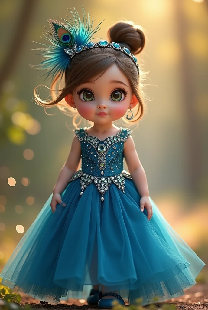 A lovely 3-year-old girl, a child, with wavy curly hair, wearing a blue princess dress, sparkling pearls, snowflakes floating, a castle in the background, half close-up, middle shot, Surrealism, rich colors and details, magical style, dramatic lighting, OC rendering, video lighting details, HD 16k niji