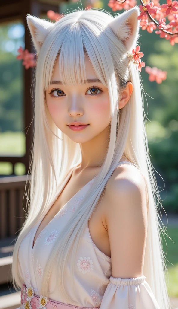 Silky Skin and Glowing Cheeks、Flat Chest、A very beautiful and adorable 20 year old girl、((Long bangs that reach under the nose and between the eyes,,,))、Beautiful and cute young woman with very long hair, Silver, silky platinum blonde hair、Very beautiful pale yellow eyes shining、Bright expression、Summery clothes、Flat Chest、