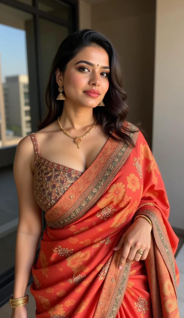 ((best quality)), ((masterpiece)), (detailed), perfect face, Tamil Indian bhabhi, 40 years old, saree, cleavage, beautiful body shape, curly hair, chubby body, beautiful eyes, attractive look, glossy lips , sitting on chair , dark skin