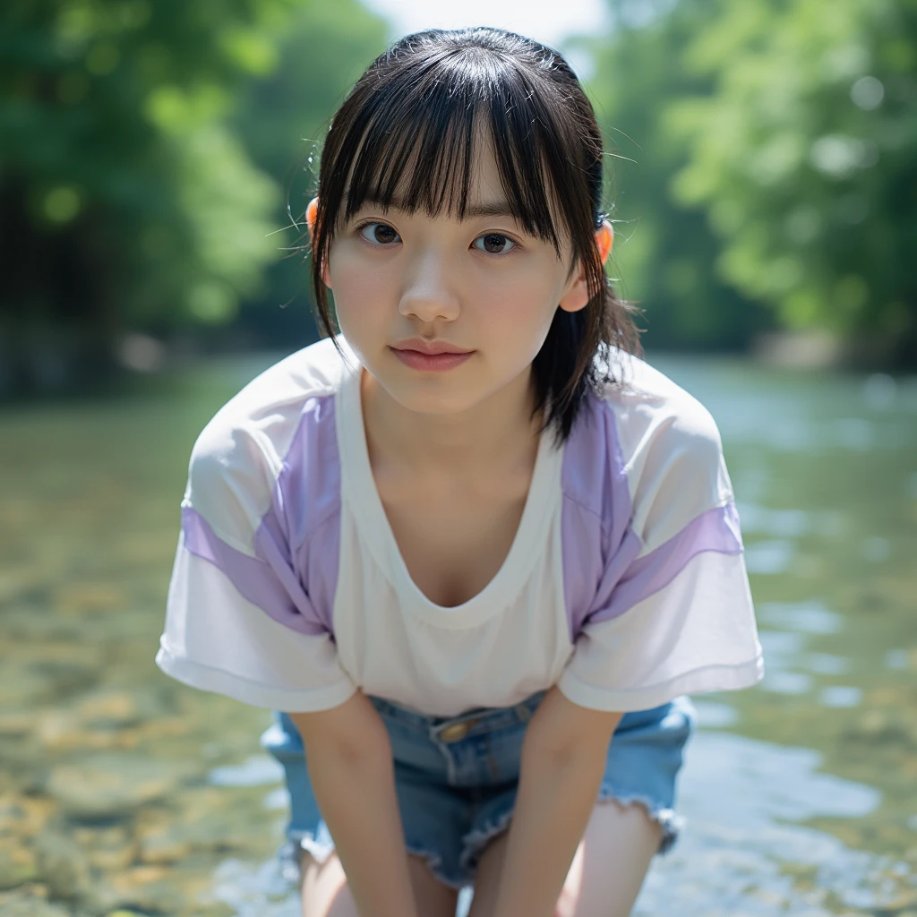 Japanese high school girl 16 years old。
A simple girl living in the countryside。
Playing barefoot in the clear mountain stream。
Pigtails。
Golden Skin。