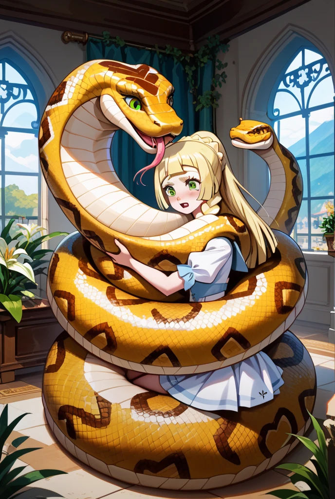 1girl, lucy heartfilia, coils, bride, white dress, head wreath, snake, masterpiece, best quality, highly detailed