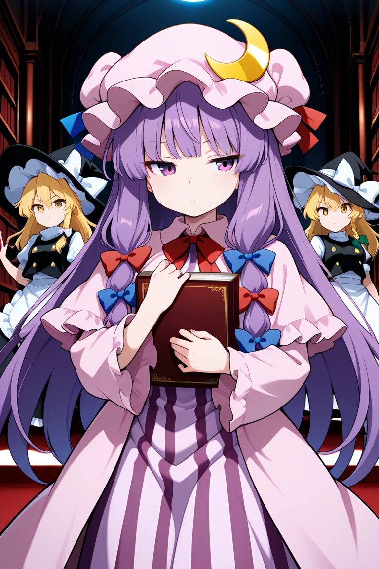 patchouli knowledge, purple eyes, purple hair, long hair, sidelocks, mob cap, pink hat, crescent pin, hair bow, blue bow, red bow, pink dress, purple capelet, vertical-striped dress, holding book, kirisame marisa
blonde hair, yellow eyes, single braid, witch hat, white ribbon, black skirt, black shirt, short sleeves, waist apron, white sleeves, looking