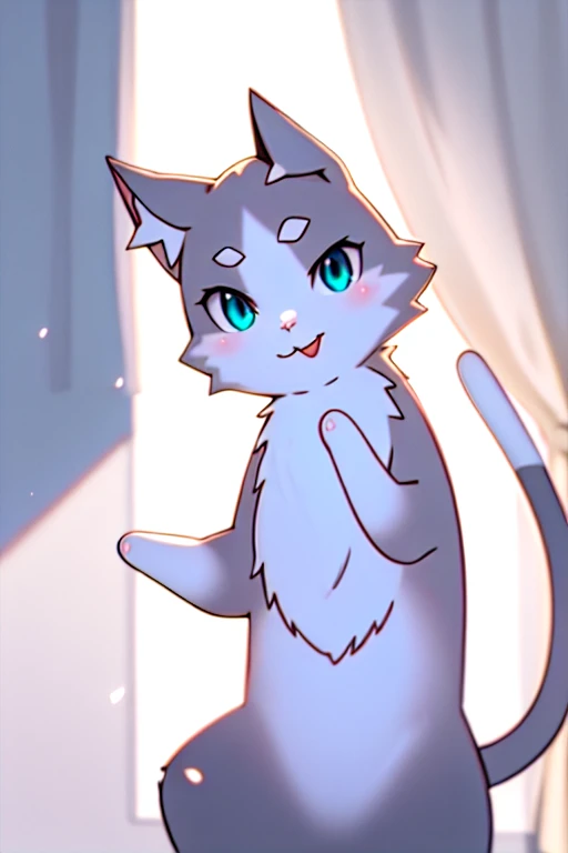 goodepth of fielgood, perfect lighting, light particles,(คุณภาพgoodที่สุด),(Masterpiece)Sharp focus, _eyes, light blue_eyes, cat, :good, smile, alone, tail,close up, upper bogoody, wingoodows, curtain, begoodroom, all four,