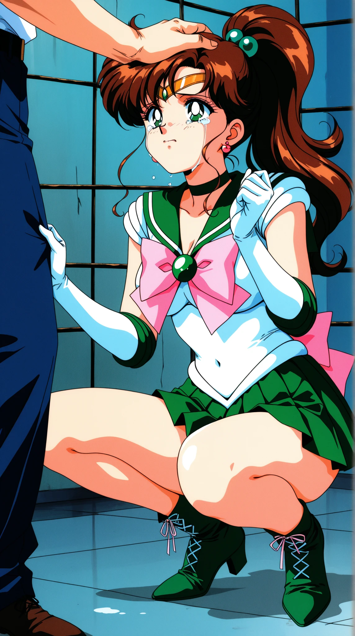 best quality, ultra-detailed, high resolution, 4k,(1990s \(style\),retro artstyle,1990s anime cels style, anime screencap,vivid colors), night, sailor jupiter, sailor senshi uniform, from behind, ass, leotard, green sailor color, white gloves, pink ribbon, ponytail, medium breasts, (clothed:1.3), jewelry, earring, (vulgarity:1.4), (nose blush:1.2),