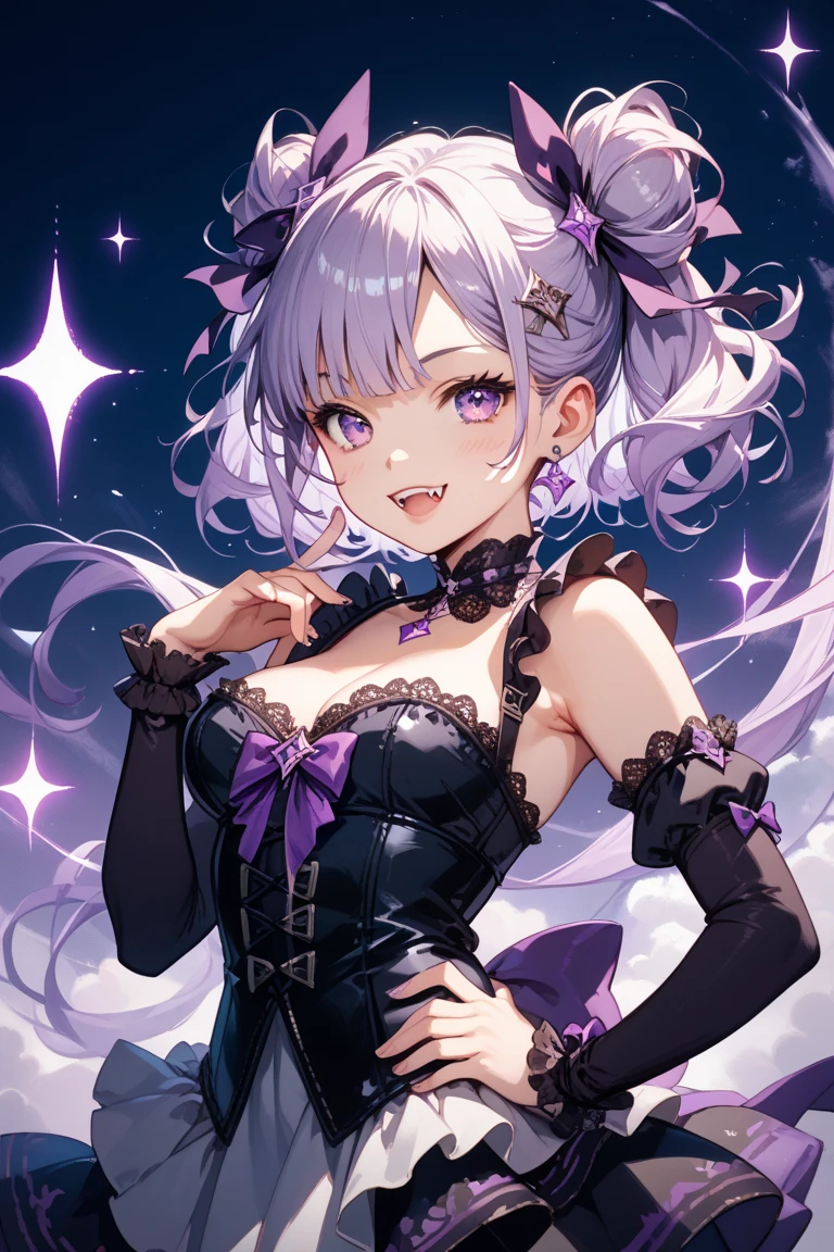 ((8k, Highest quality, masterpiece: 1.3)),Ultra-high resolution,(1 girl, alone), (Color changing eyes, Ultra-detailed, Expressive brilliance, Glitter, Glowing Eyes), Highly detailed eyes, Highly detailed face, Random Hair, ((pastel colour))Design a Vtuber character with a gradient hair color from pastel lavender to deep violet, styled in soft, natural curls. Her eyes are a captivating mix of deep violet and light lilac, sparkling with a soft shimmer. She is dressed in a black silk balconette bra and matching panties, both adorned with minimalistic lace detailing. She is posing on all fours on a bed with a dark grey duvet and a few decorative pillows. Her expression is playful and smiling, with a joyful demeanor that highlights the smoothness of the silk fabric and her engaging pose.