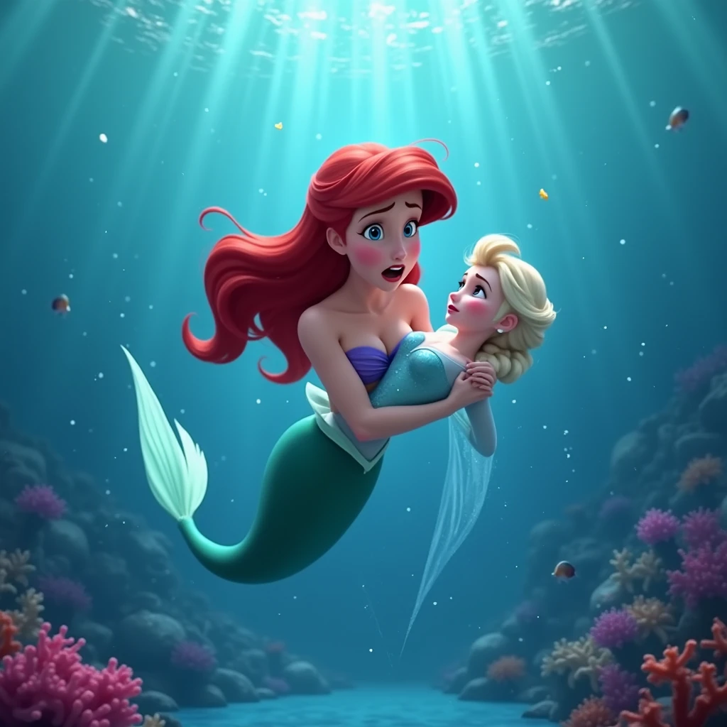there is a cartoon mermaid sitting on a rock next to a table, ariel the little mermaid, in style of disney animation, seperated game asset, princess ariel, upscaled to high resolution, little mermaid, the little mermaid, art in the style of disney, little mermaid magical kingdom, disney 2d animation still, screenshot from the game, mermaid in distance