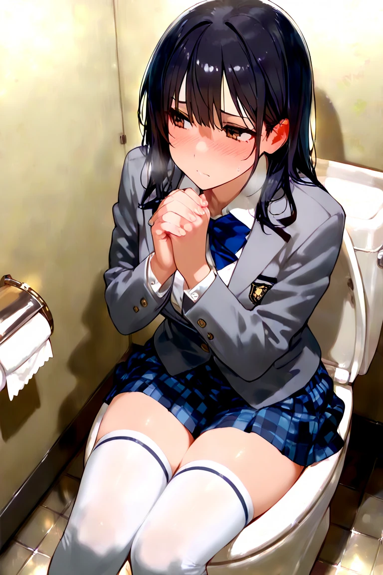 ((((muste piece, Top quality, best quality, 1 girl, solo, beautiful anime、detailed picture))))、(((17 years old、slender、thin thighs、normal chest、dark brown hair、straight、long hair、brown eyes、round eyes、Clear system、))),((((Toilet in a private room、1 toilet bowl)))、((navy blue blazer、dark blue skirt、school clothes、))、(((sit on the toilet、open your mouth、despair、Are crying、shed tears、disgust、penisを咥える、cum overflow from mouth、)))、NSFW、(Image from the side)、image from the knees up、、(((1 male、Hairy fat middle-aged man、penis、ejaculation、口内ejaculation)))、