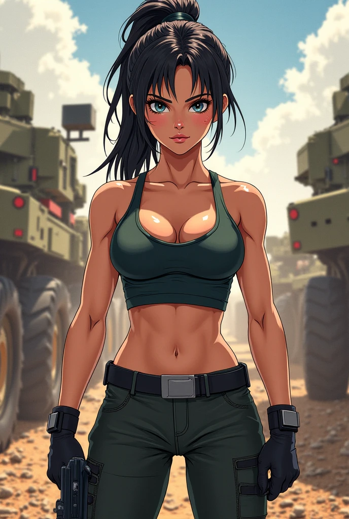 sport bra and panty, serious, dominant, seductive, sexy, military, desert. Cammo, Tactical. Armor, bulletproof vest.