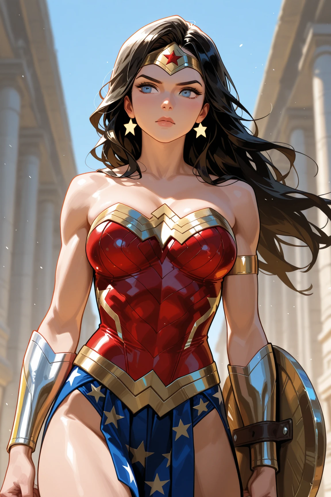 Wonder woman. Anime style. Captured by villain. hands chained to the wall. Serious face.