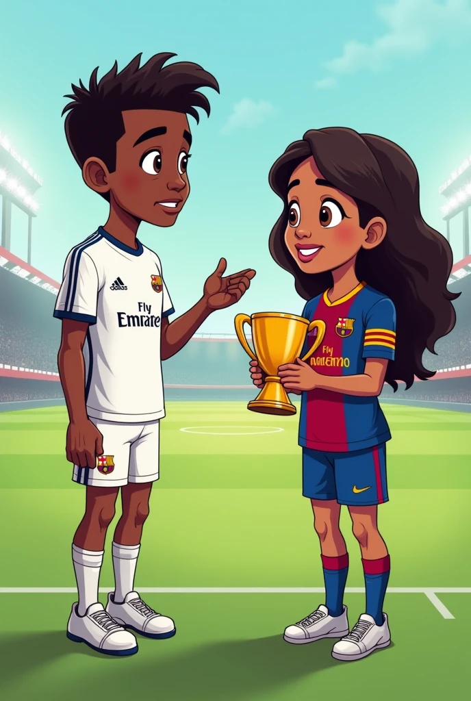 make a cartoon with two parts in Portuguese about the player Éder Militão wearing the Real Madrid team's uniform holding his daughter (a 2 year old white girl with curly hair) just to take a photo on Instagram and then go to the club