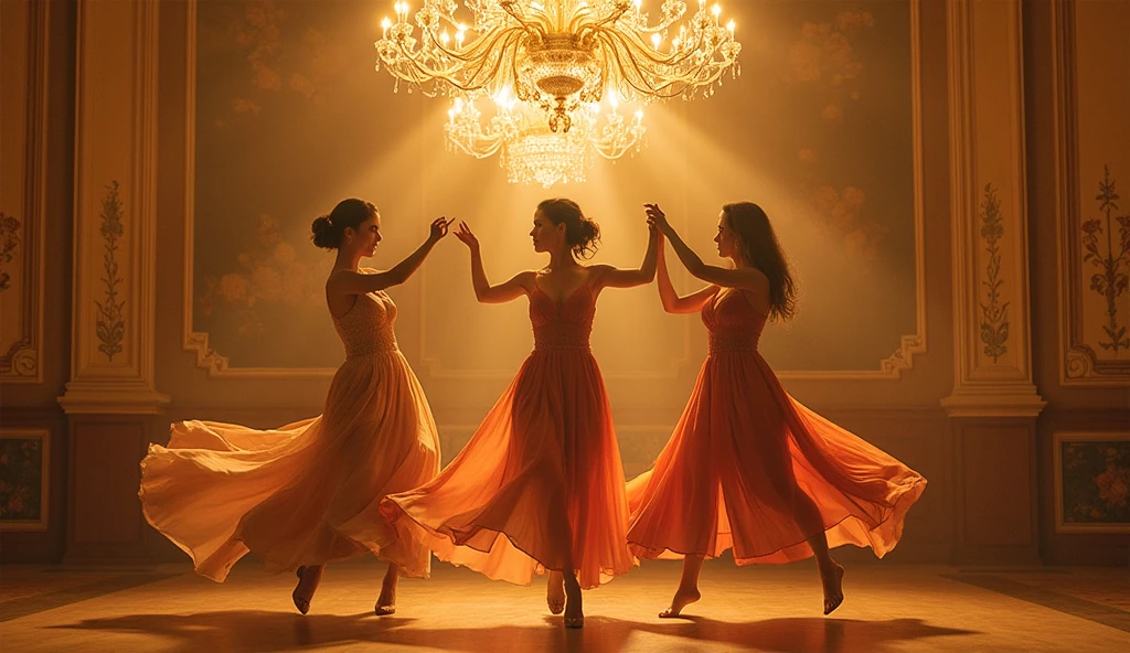 Three pretty, beautiful women perform an intensely synchronized dance in a large hall under a chandelier. The scene is grand and powerful, with dynamic shots capturing the energy and precision of their dance. Lighting includes flashing lights and dramatic color changes to enhance the dramatic effect.