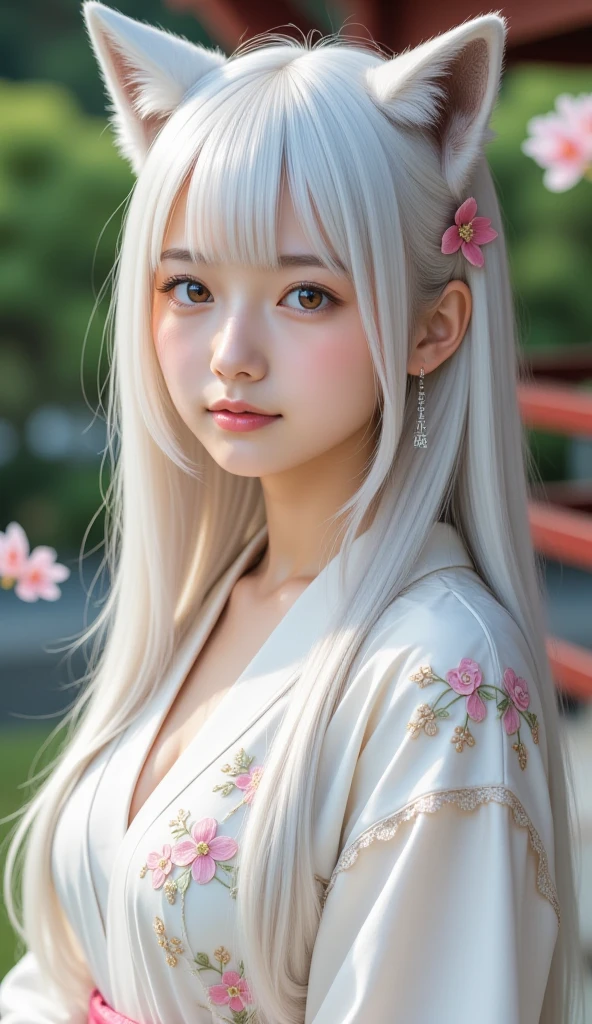 masterpiece, highest quality, (solo focus), (perfect face:1.1), (high detail:1.2), an angelic woman with oni horns white angel wings and very long white hair, glowing moonlight eyes, butterflies and cherry blossoms blowing in the wind, she's surrounded by enchanted swirling magic, wearing the most beautiful and highly detailed kimono with bells and flowing ribbons, pouty pink lips, angelic city detailed background, cinematic lighting, light volumetric lighting, majestic bokeh