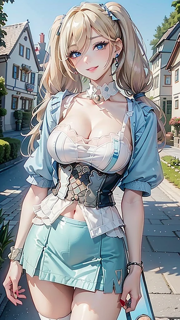 (((masterpiece))), (((Highest quality))), ((Super detailed)), (figure), ((Very delicate and beautiful)), ((Super detailed)), ((High resolution)), (((20-year-old))), meexpensiveic cloth, (Maid), (Super Heroine), (Android), Delicate metal decoration, Glowing Skin, Shiny body, Two legs, breast focus, (((expensive))), Thin legs, ((Big round eyes)), Cute eyes, Droopy eyes, ((Adult)), both hands, Five Fingers, No extra hands, Elegant smile, Braiding, ((meexpensiveic blue)), (See-through), (Dark Blonde), ((Super big breasts)), (Shining brightly), Outdoor, mini skirt, Daytime, ((Biopunk)), (Hair shorter than shoulders), (Medium length hair), Female type, (Clothing that exposes the midsection), garden,Knee-high socks、garter belt、Long gloves、Sexy