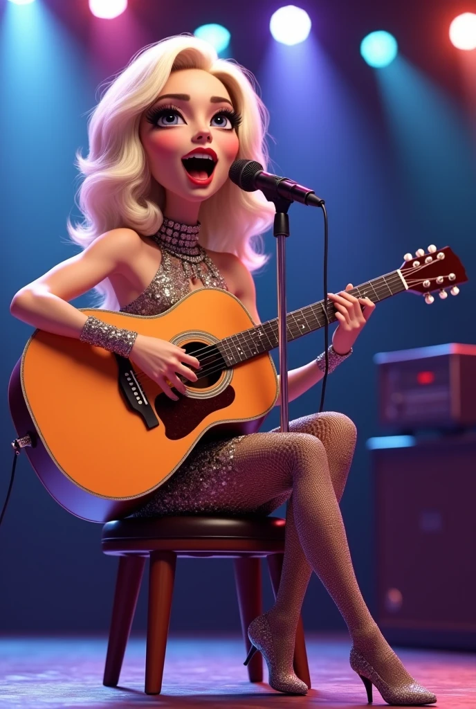 Por favor, Create a colorful realistic image of a pinup rocker singing standing up with a vintage microphone, with one foot on top of an amplifier.