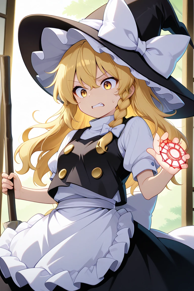 kirisame marisa, blonde hair, yellow eyes, single braid, witch hat, white ribbon, black skirt, black shirt, short sleeves, waist apron, white sleeves, shock, hit by magic