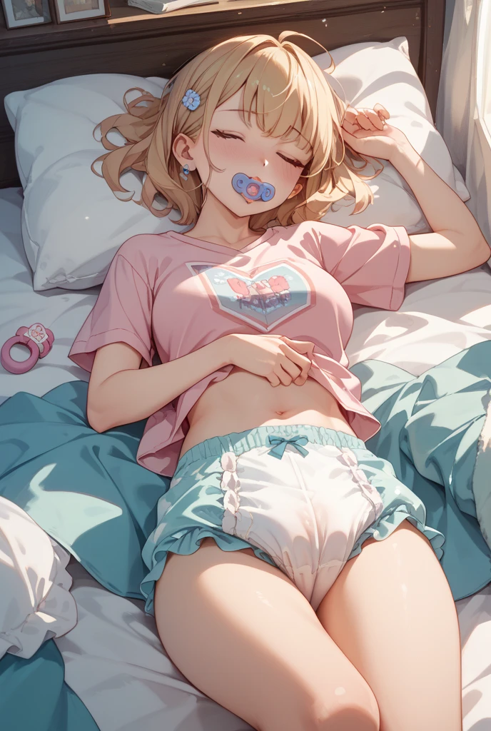 ((1 girl)),cute girl lying on bed, from above, looking up, barefoot, naked, showing pussy, legs spread, uncensored, good lighting, blonde hair, pigtails, young, clothes, showing genitals, breasts, detailed genitals, spreading pussy