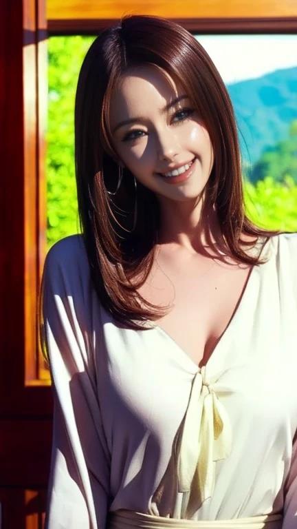 ((Highest quality、8k、masterpiece:1.3))、(Modern Office)、Office background with a view of the building、Low lighting、Young Japanese woman、Natural Makeup、(Knee-length pencil skirt：1.4）、（Frilled blouse：1.4）、(Anatomically correct body)、（Perfect Body Beauty:1.2）、（Captivating smile）、Highly detailed beautiful face、Beautiful skin texture、Beautiful Eyes、double eyelid、Large Breasts、A little bit of cleavage is visible、(ID card)、(Looking into the camera)